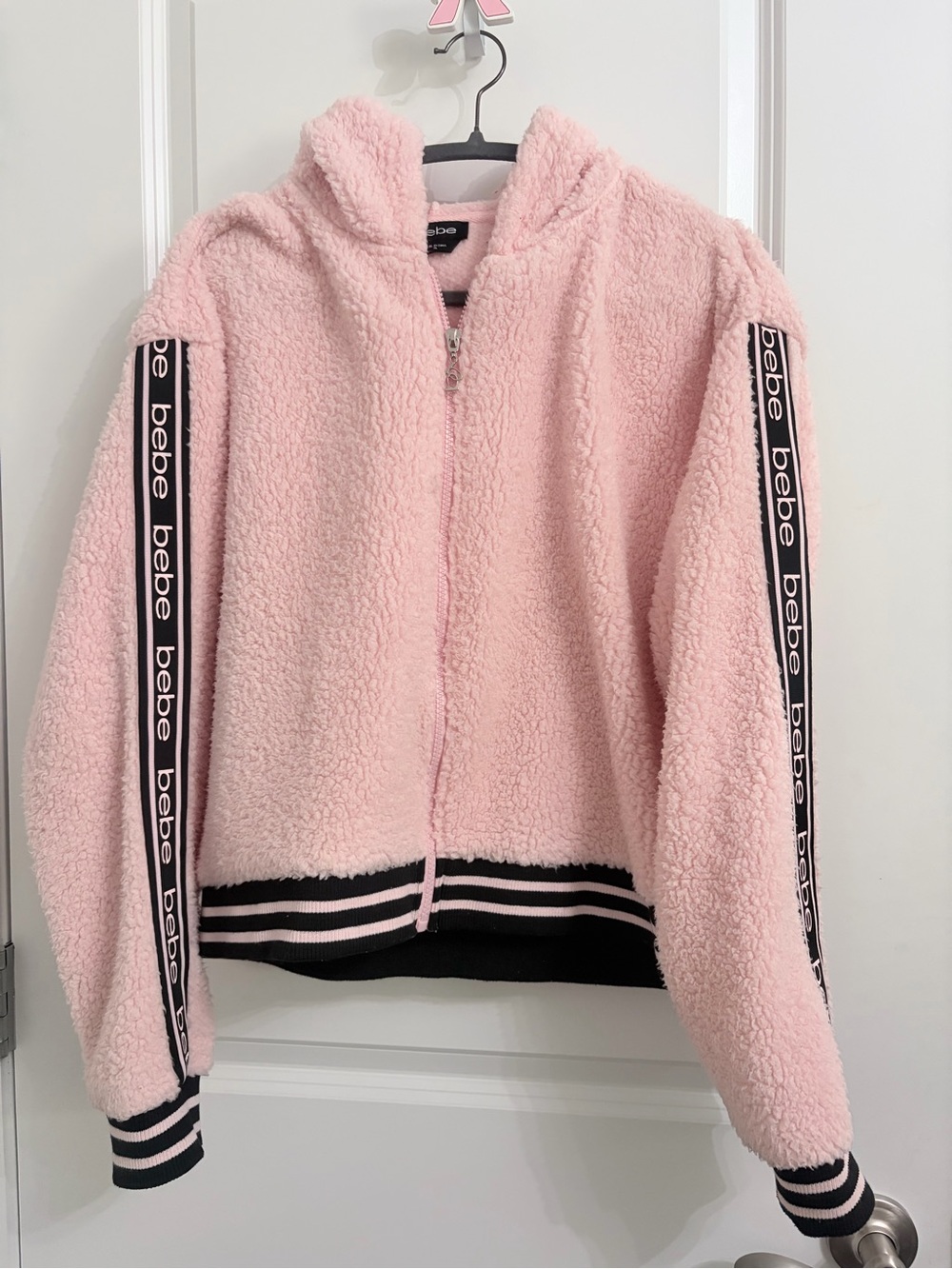bebe Pink Sherpa Zip Hoodie with Branded Sleeve Tape